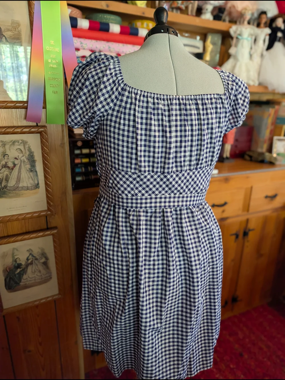 Handmade 1940's/1950's Navy Gingham Peasant Dress with Tie Belt Puff Sleeves - Picture 3 of 3
